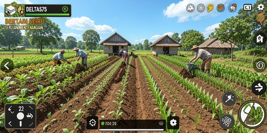 Tampilan gameplay DELTA575 dengan aktivitas pertanian yang menarik.