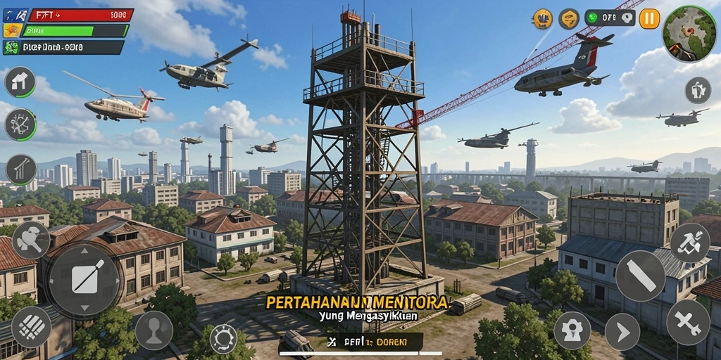 Screenshot F7F7 menampilkan pertempuran strategis menara Tower Defense.