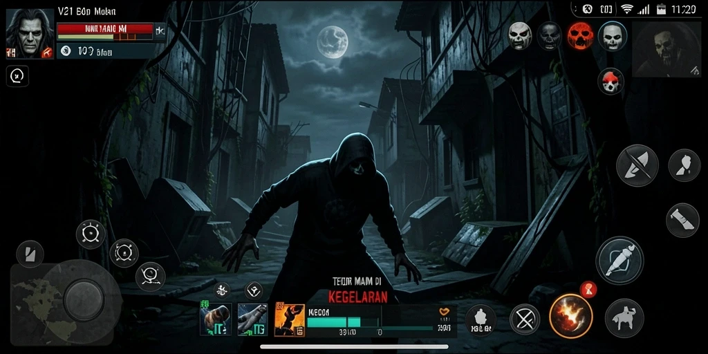 Screenshot V21 menunjukkan momen penuh ketegangan dalam suasana gelap.